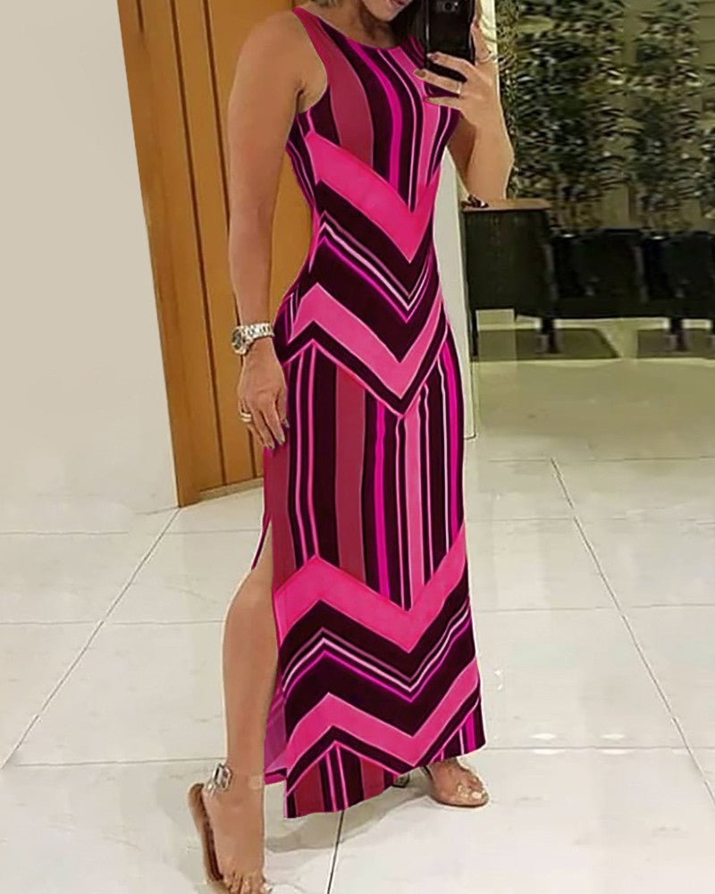 Colorful Striped Print Side Slit Maxi Dress