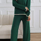 Blackish Green Contrast Trim Split Cuffs Long 2pcs Sweater Outfit Loungewear