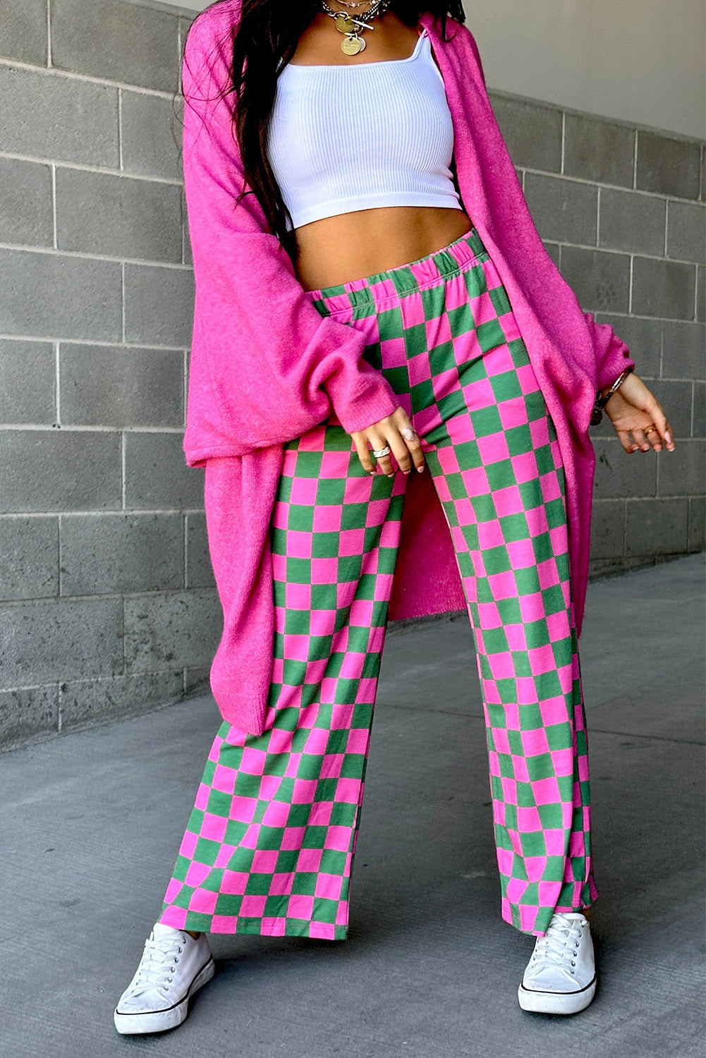 Green 2-Tone Checked Print High Waist Wide Leg Pants