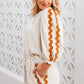 White Colorblock Ric Rac Trim Sleeve Top and Wide Leg Pants Set