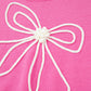 Bright Pink Corded Flower Bow Ribbed Trim Casual Sweater