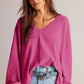 Bright Pink Waffle V Neck Long Sleeve Drop Shoulder Loose Blouse