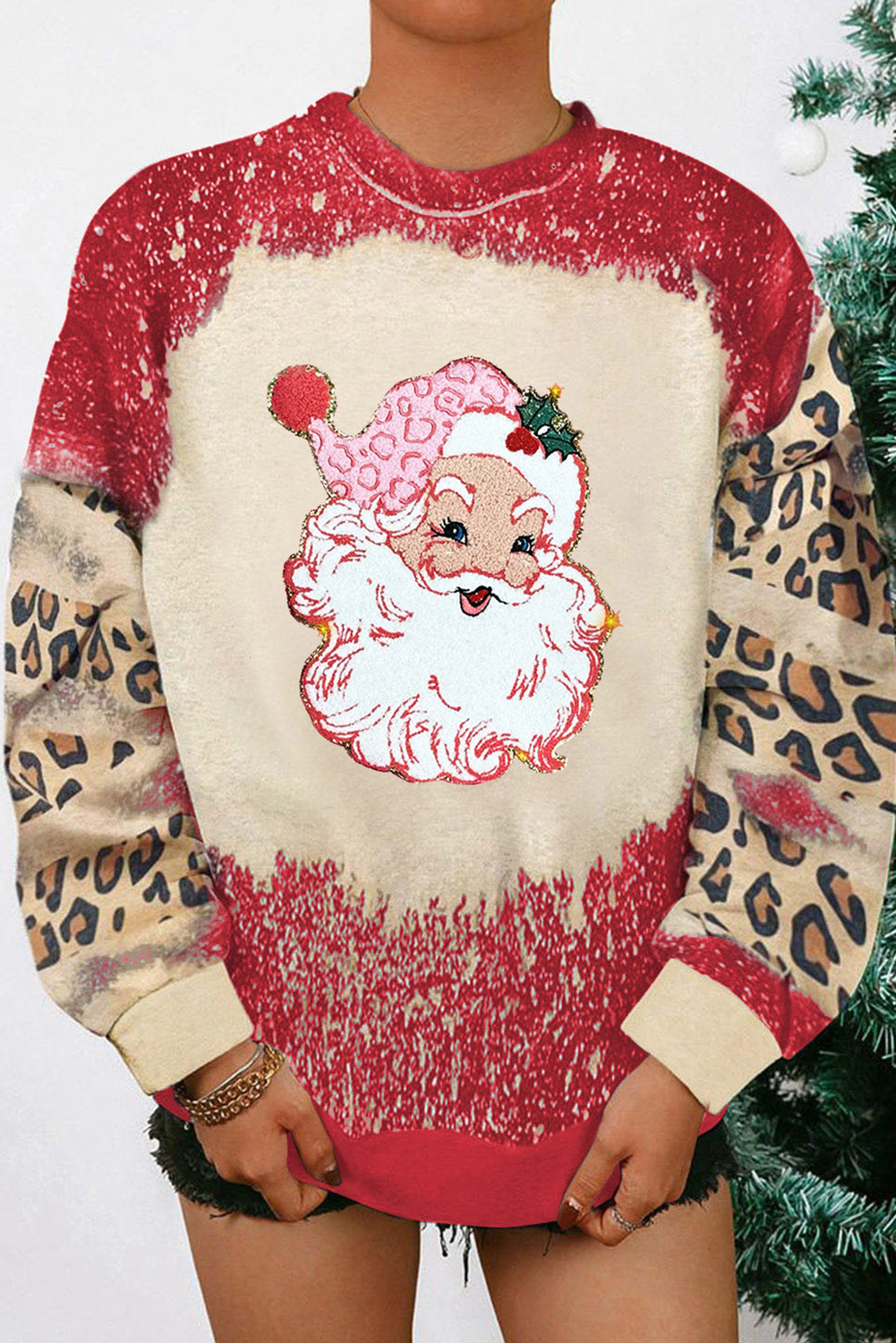 Red Shiny Father Christmas Leopard Sleeve Bleached Dye Sweatshirt