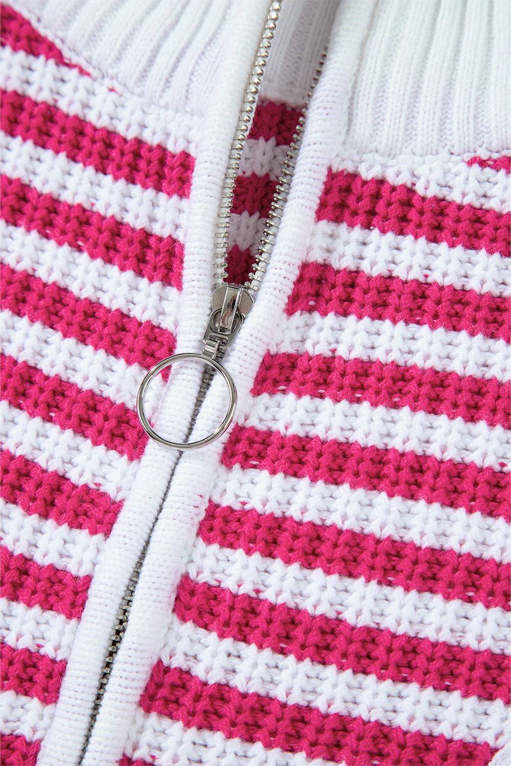 Pink Stripe Zip up Collar Drop Shoulder Sweater