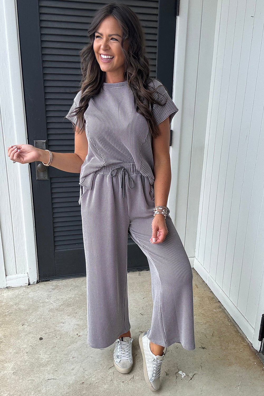 Wild Wind Solid Corded Knit Short Sleeve T Shirt and Wide Leg Pants Set