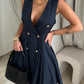 Deep V Neck Sleeveless Metal Button Criss Cross Flare Midi Dress Work Dress