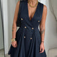 Deep V Neck Sleeveless Metal Button Criss Cross Flare Midi Dress Work Dress