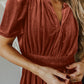 Chestnut Velvet Short Sleeve Shirred Waist Tiered Maxi Dress