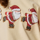 Beige Santa Skiing Graphic Striped Trim Corded Sweatshirt