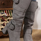 Dark Grey Suede Double Buckled Side Zipped Mid-calf Boots