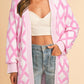 Pink Rhombus Pattern Knit Open Front Pocketed Cardigans