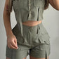 Turn down Collar Buttoned Pocket Design Top & Shorts Set