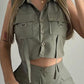 Turn down Collar Buttoned Pocket Design Top & Shorts Set