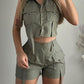 Turn down Collar Buttoned Pocket Design Top & Shorts Set