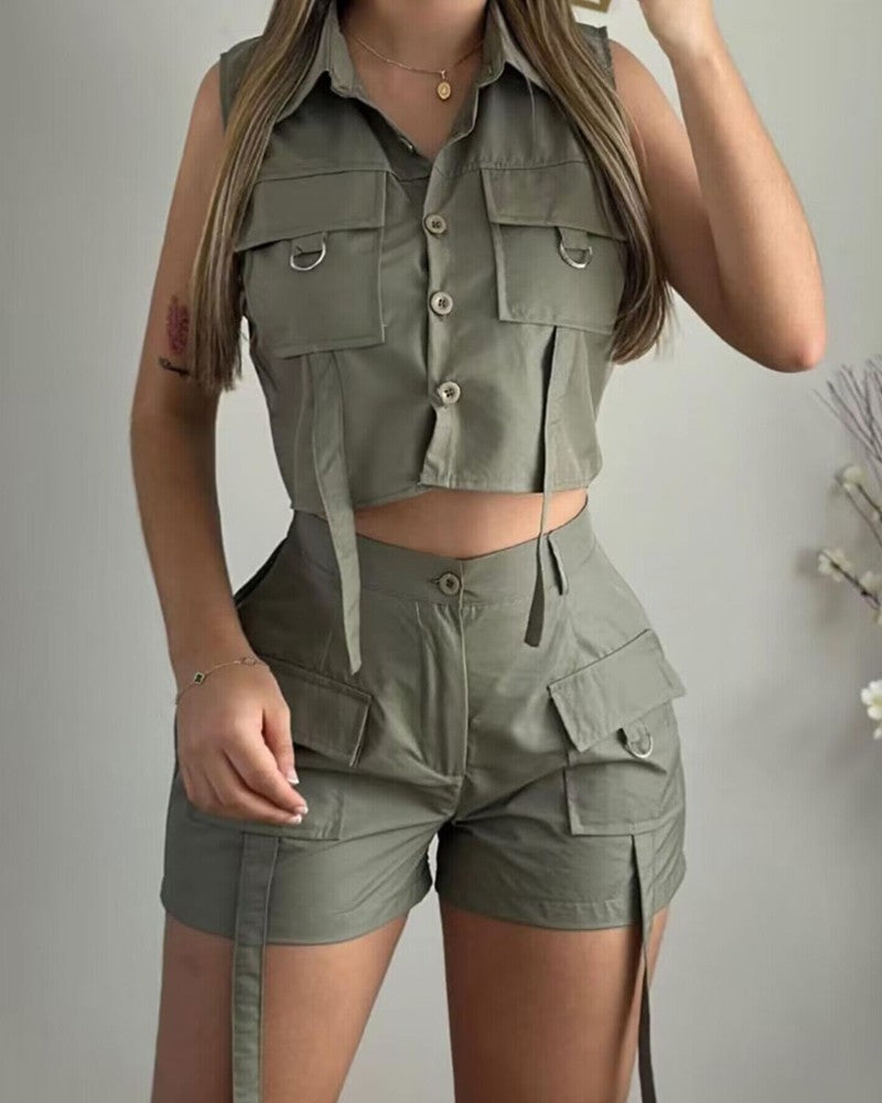 Turn down Collar Buttoned Pocket Design Top & Shorts Set