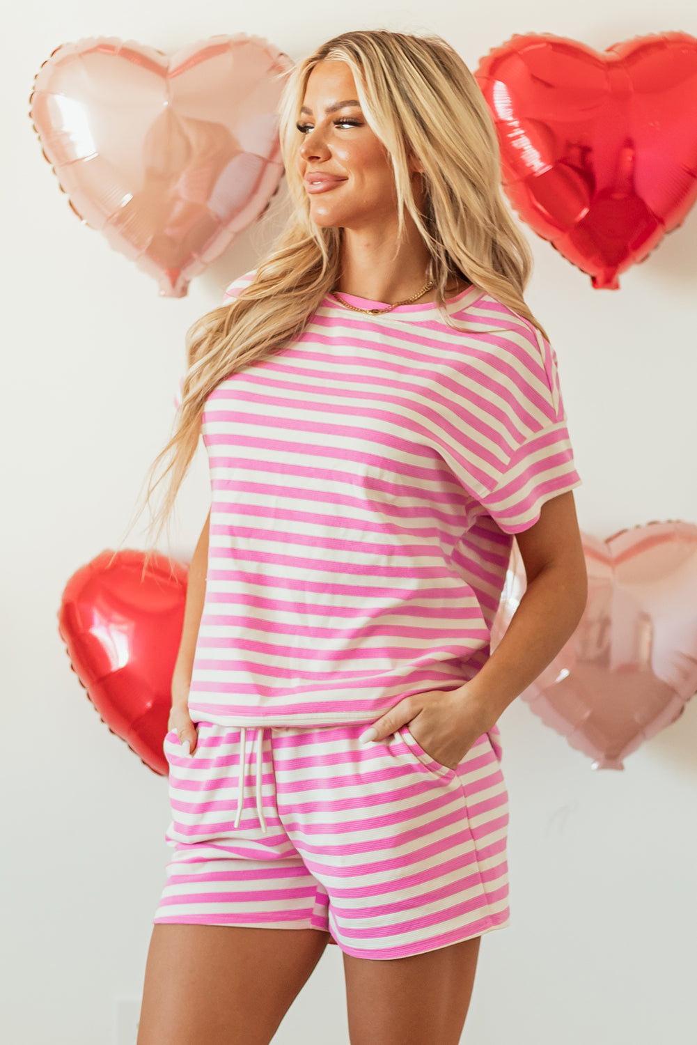 Rose Stripe Crew Neck T Shirt and Drawstring Shorts Set