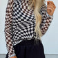 Black Checkered Pattern Mesh Mock Neck Long Sleeve Top