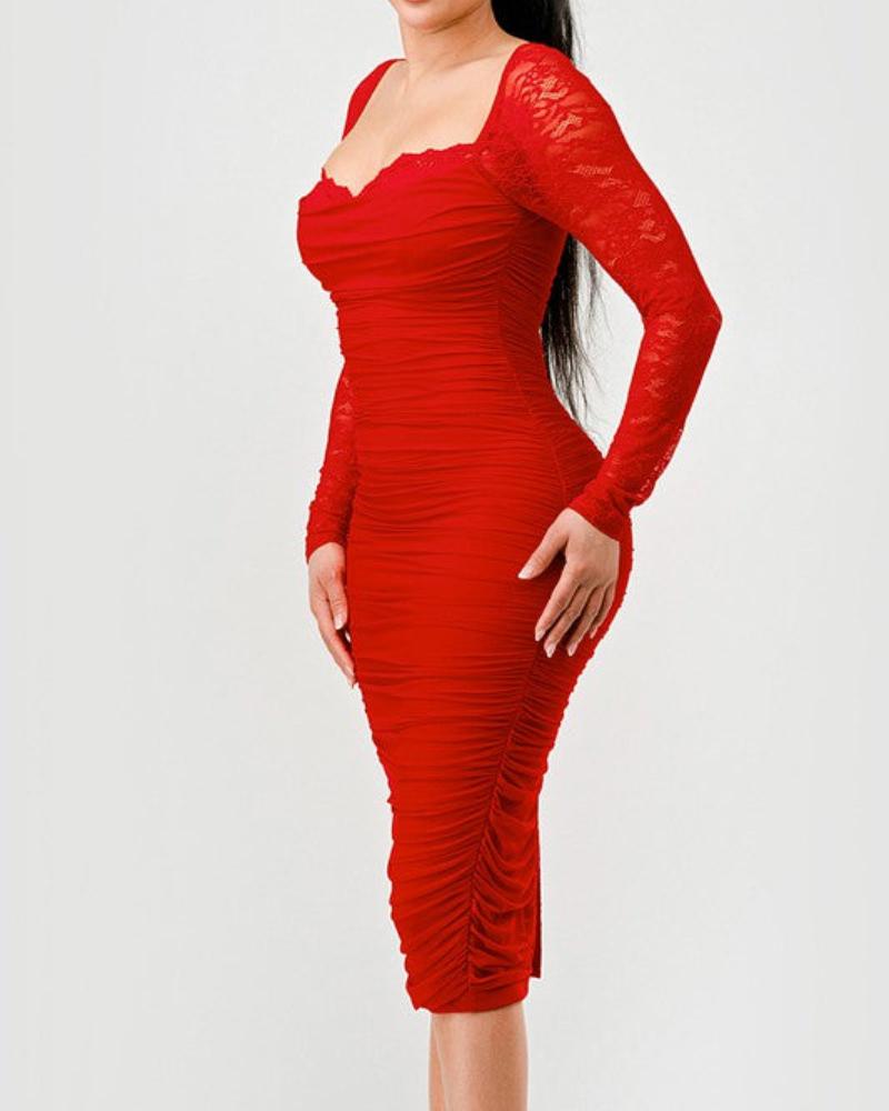 Long Sleeve Low Cut Slit Bodycon Lace Dress