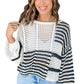 White Stripe Contrast Striped Crochet Puff Sleeve Sweater