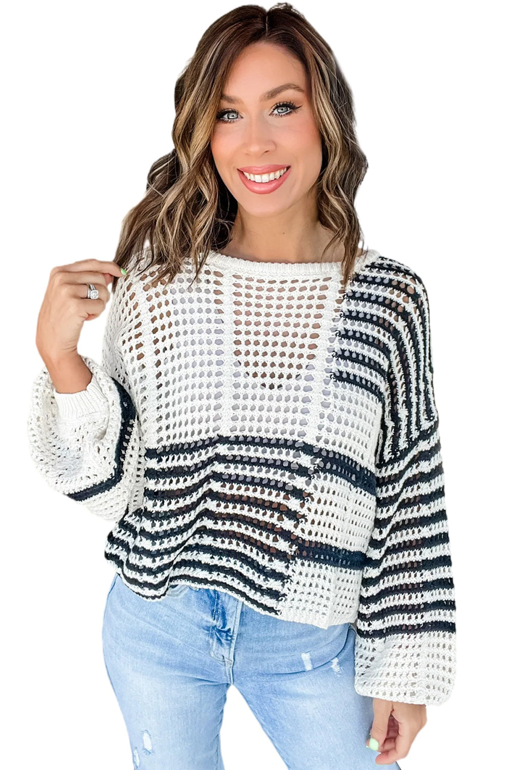 White Stripe Contrast Striped Crochet Puff Sleeve Sweater