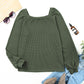 Green Scoop Neck Puff Sleeve Waffle Knit Top