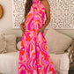 Rose Abstract Printed High Neck Knotted Nape Sleeveless Maxi Dress