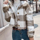 Plaid Pattern Turn down Collar Button Front Teddy Coat