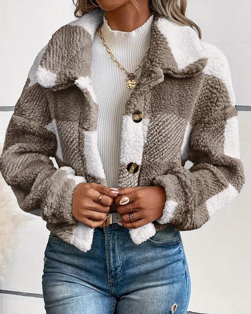 Plaid Pattern Turn down Collar Button Front Teddy Coat