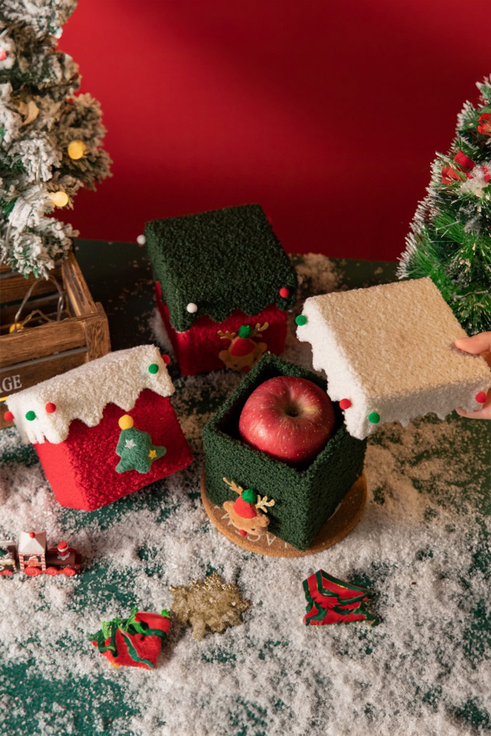 White Fuzzy Lint Christmas Gift Box with Ribbon