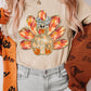 Khaki Thanksgiving Bowknot Turkey Graphic Crewneck Tee