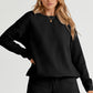 Black Textured Long Sleeve Top and Drawstring Shorts Set