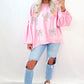 Light Pink Embroidered Bow Lantern Sleeve Oversized Pullover Sweatshirt