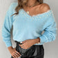 Contrast Lace V Neck Long Sleeve Beaded Decor Sweater Casual Top