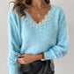 Contrast Lace V Neck Long Sleeve Beaded Decor Sweater Casual Top