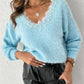 Contrast Lace V Neck Long Sleeve Beaded Decor Sweater Casual Top