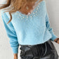 Contrast Lace V Neck Long Sleeve Beaded Decor Sweater Casual Top