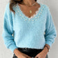 Contrast Lace V Neck Long Sleeve Beaded Decor Sweater Casual Top