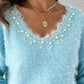 Contrast Lace V Neck Long Sleeve Beaded Decor Sweater Casual Top