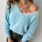 Contrast Lace V Neck Long Sleeve Beaded Decor Sweater Casual Top