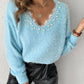 Contrast Lace V Neck Long Sleeve Beaded Decor Sweater Casual Top