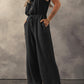 Black Knotted Straps Button Textured Drawstring Jumpsuit