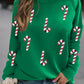 Green Sequin Christmas Candy Cane Graphic Crewneck Pullover Sweatshirt