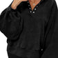 Black Solid Snap Buttons Collared Balloon Sleeve Oversized Sweatshirt