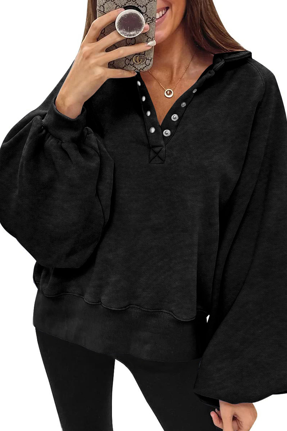 Black Solid Snap Buttons Collared Balloon Sleeve Oversized Sweatshirt