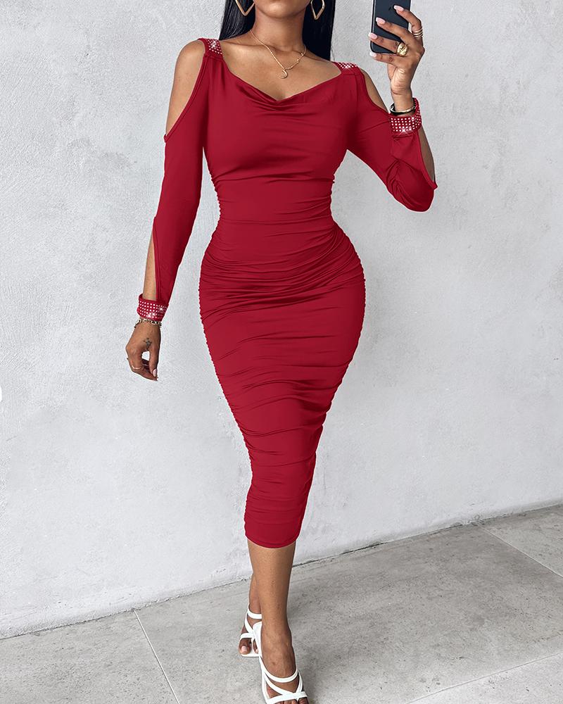 Rhinestone Decor Cold Shoulder Ruched Bodycon Dress