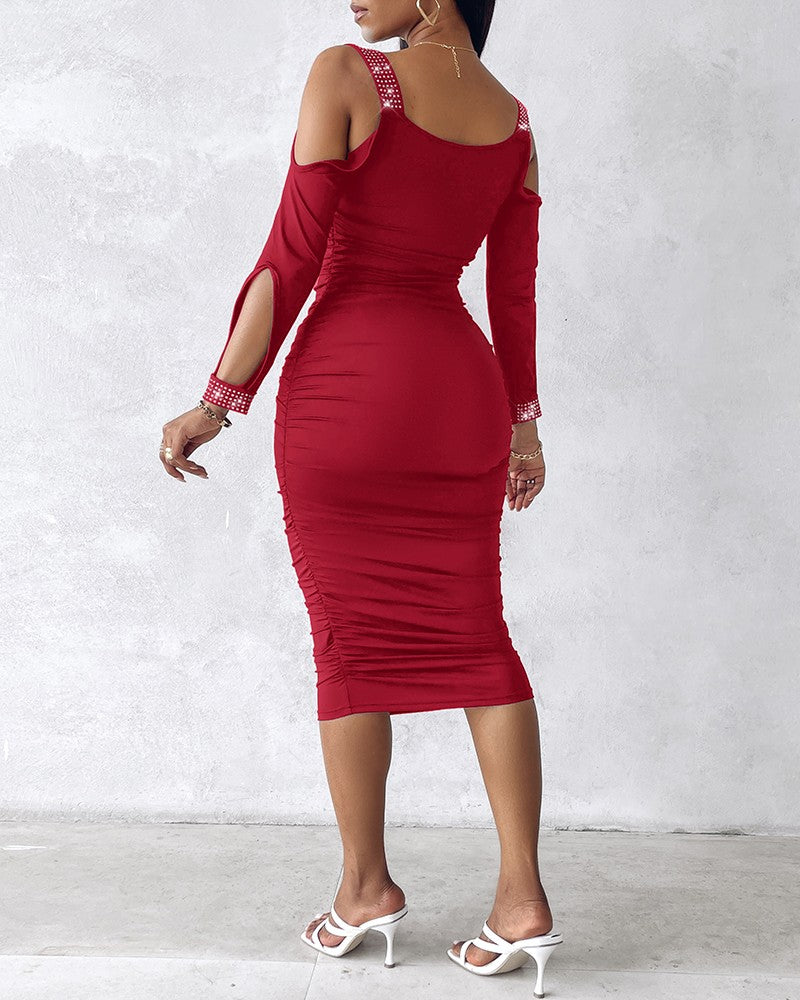 Rhinestone Decor Cold Shoulder Ruched Bodycon Dress