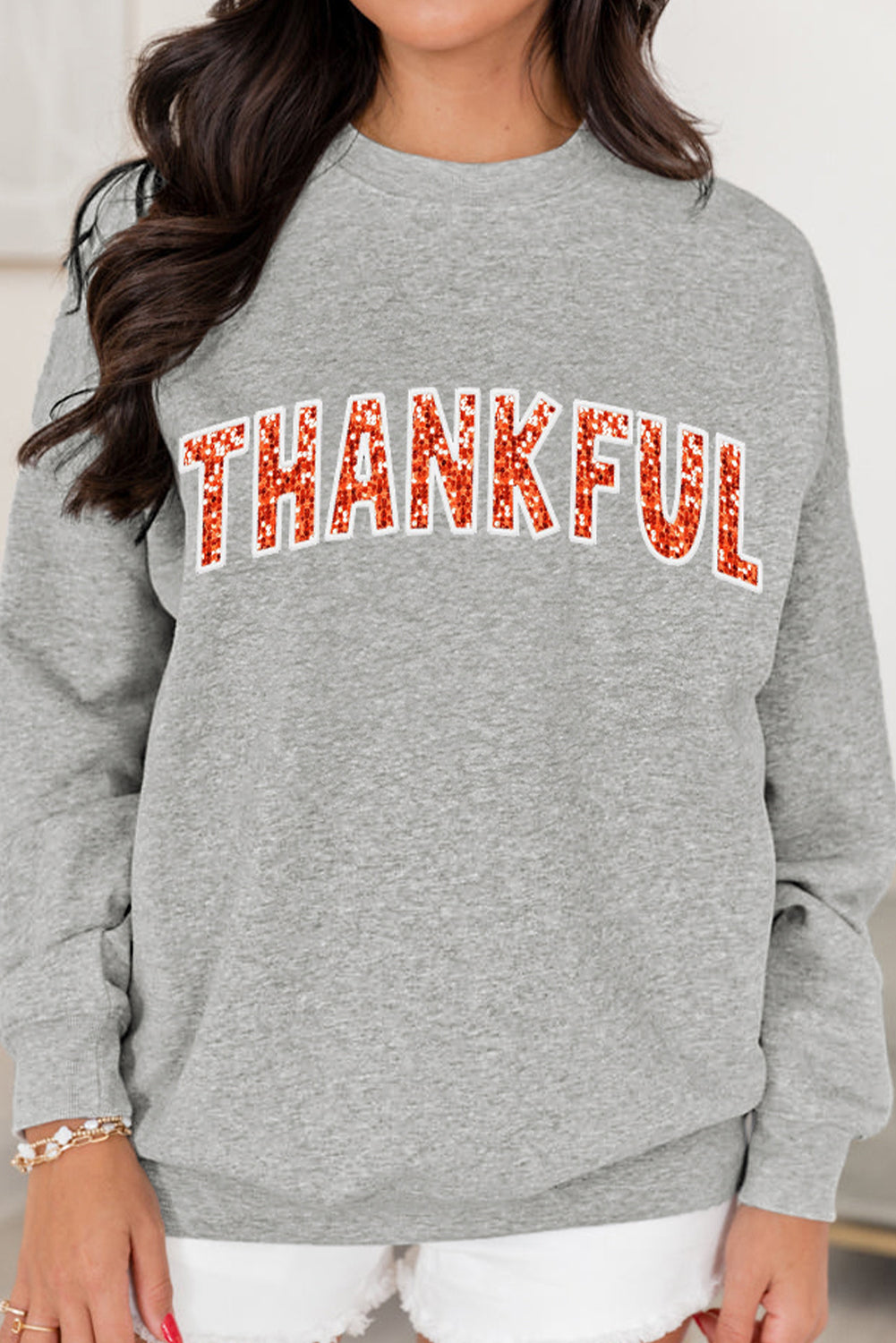 Gray THANKSFUL Shiny Letter Printed Graphic Sweatshirt