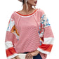 Fiery Red Pinstriped Color Block Patchwork Oversized Top