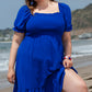 Dark Blue Shirred Ruffled Square Neck Plus Size Mini Dress