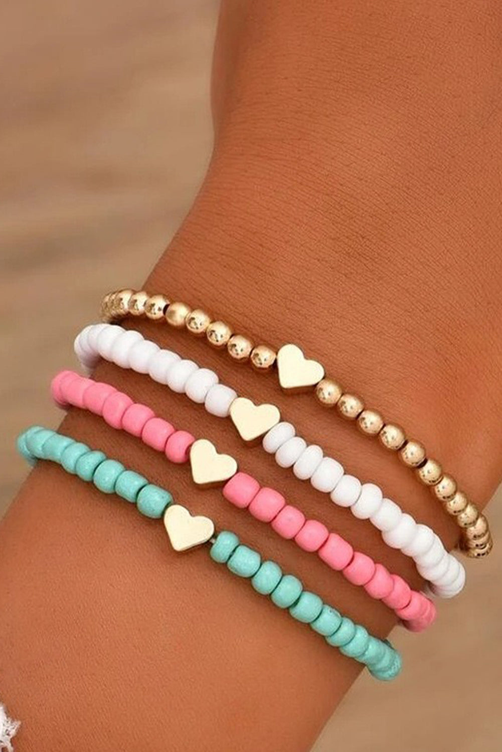 Pink Heart Beaded Multi Layered Bracelet Set